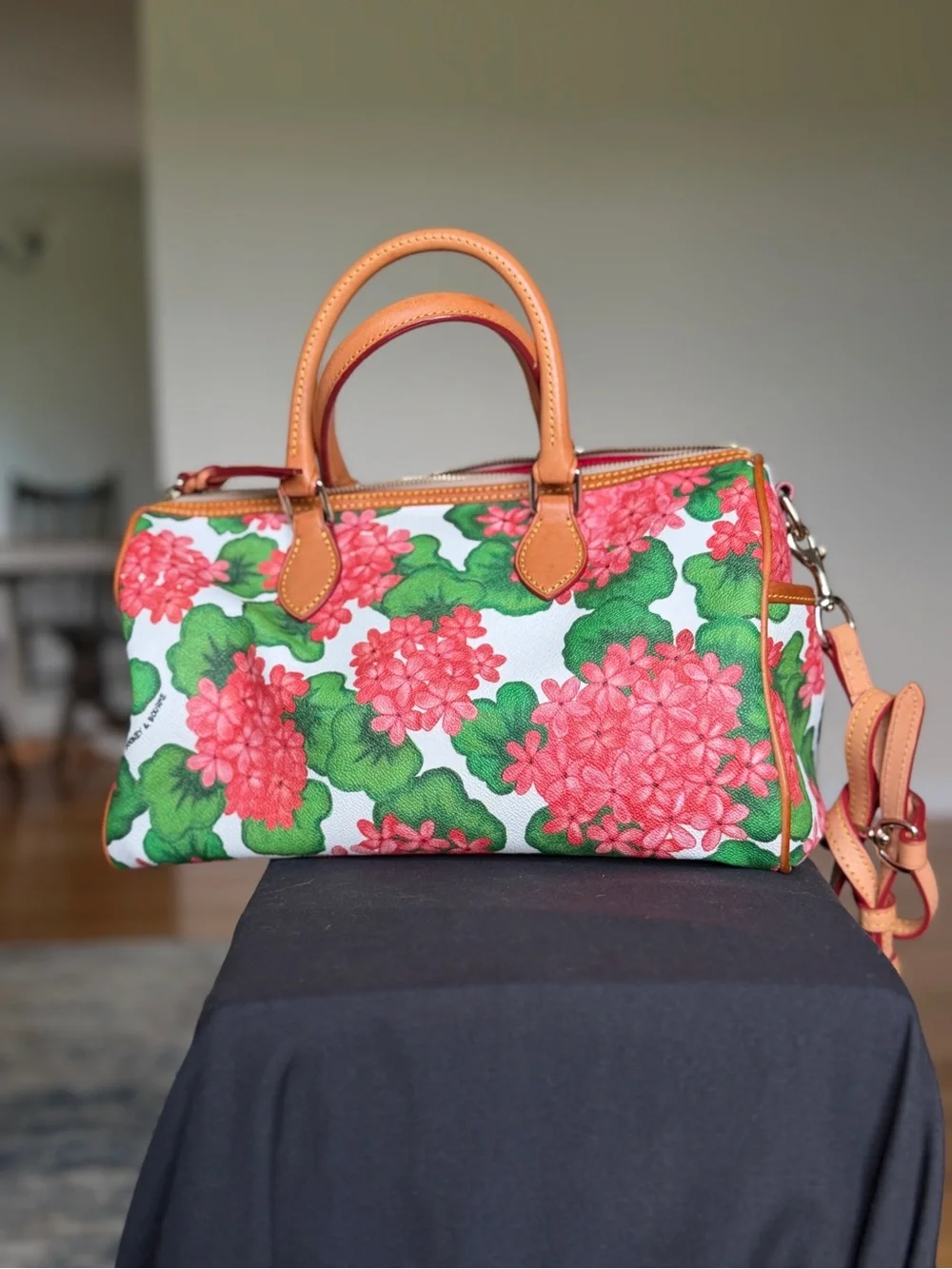 Dooney & Bourke Floral Satchel with Tan Leather Trim & matching coin purse set